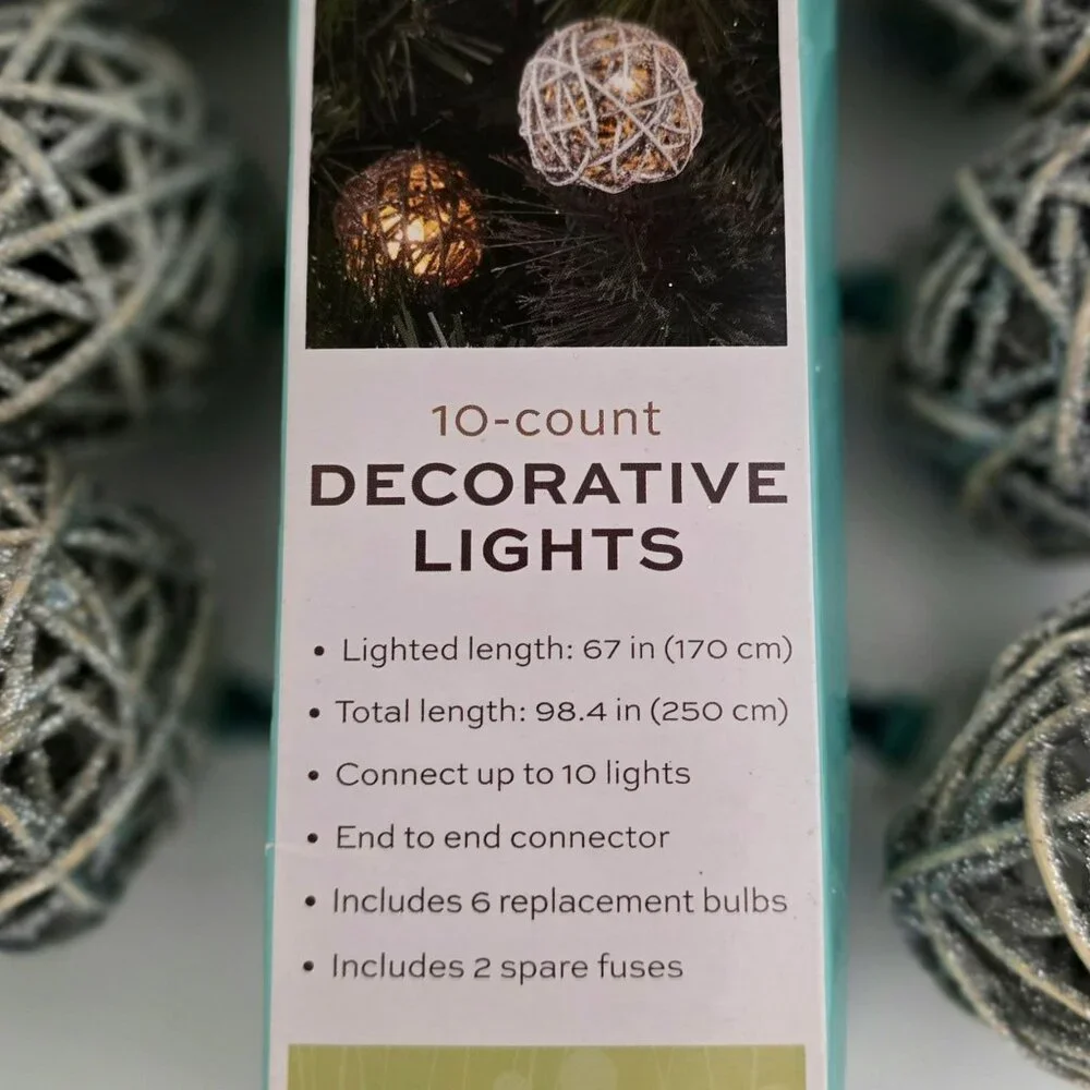 New Rattan Ball String Lights Silver Glitter 10 Bulbs Rustic Orb Holiday Patio